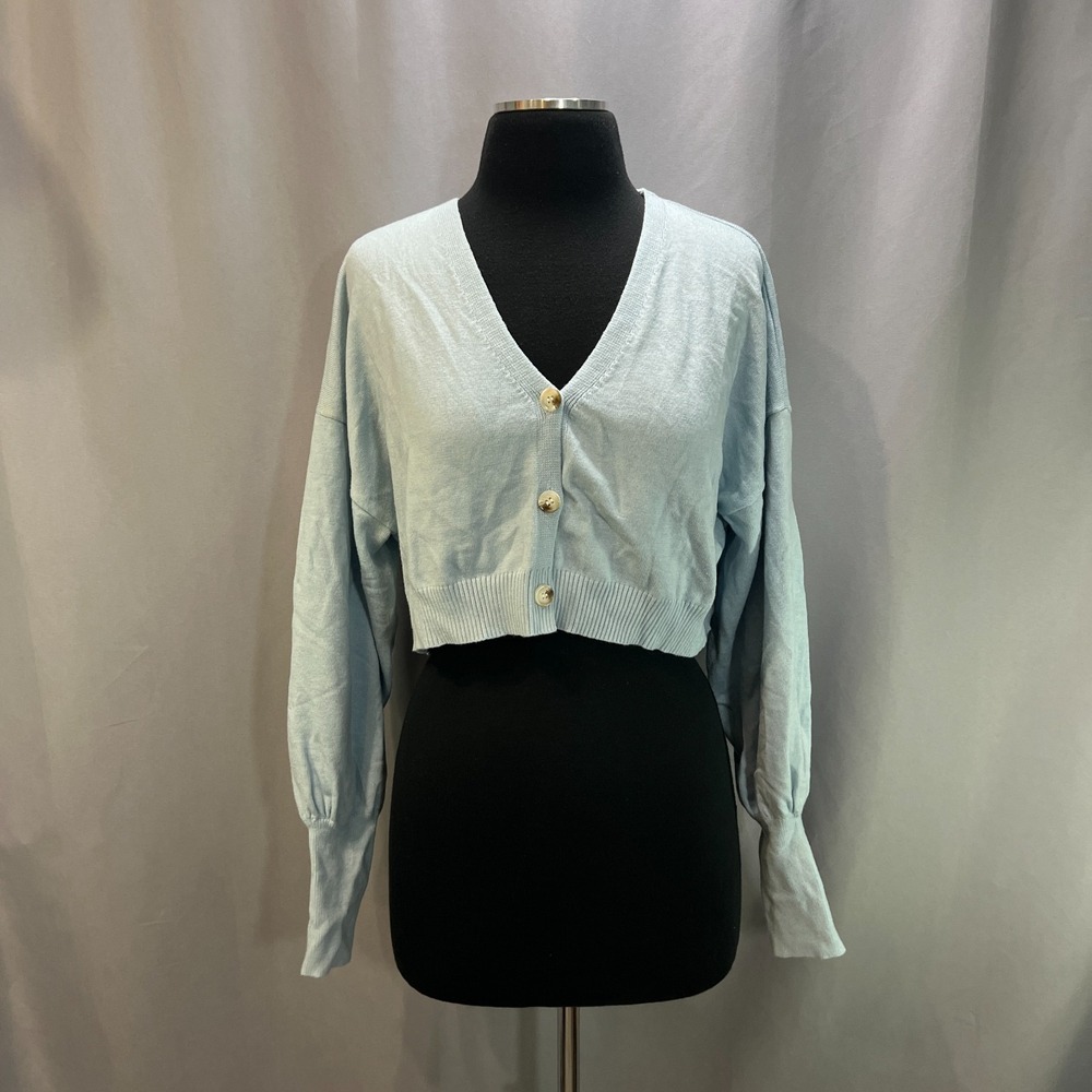 My Girl Crop Cardigan Sweater Womens M/L Light Blue Button Front Balloon Sleeves